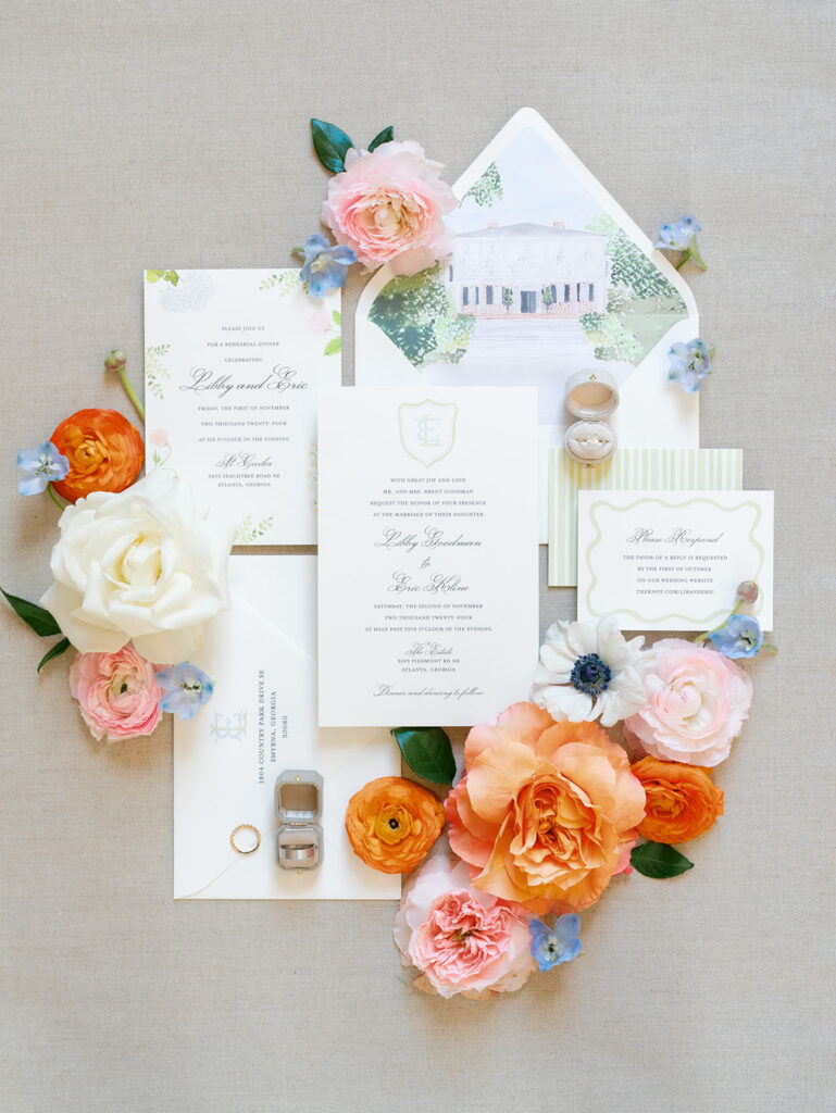 wedding invitations suite with colorful flowers and wedding rings